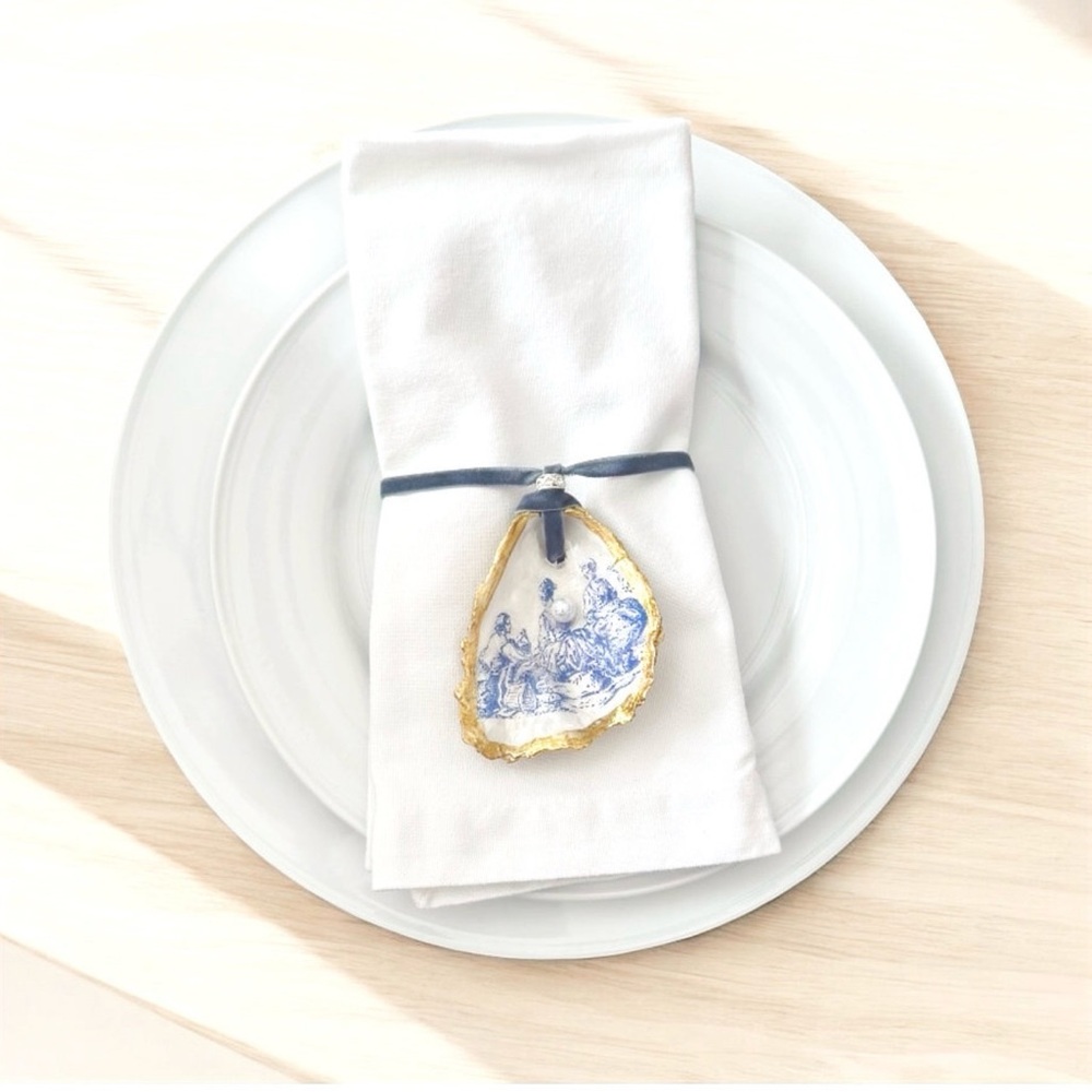Set of 6 Handcrafted Blue Toile Oyster Shell Napkin Ring Holders - Picture 5 of 10
